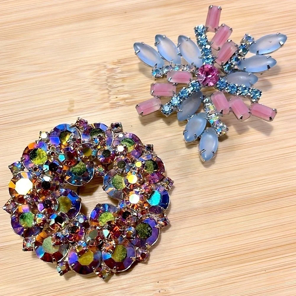 Set of 2 Antique Vintage Brooches Large Decorative Rhinestone Pins Blazer Jacket